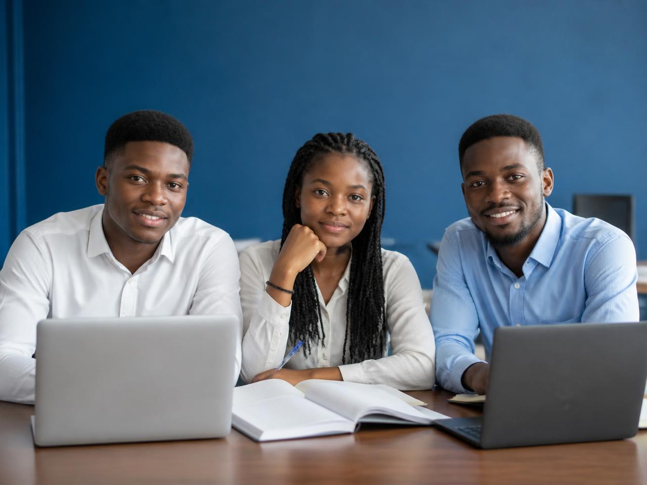 Nigerian students studying together with laptops and notebooks in a classroom